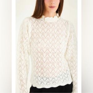 Farm Rio Lace Stitch Ruffles Knit Sweater
- Off-White